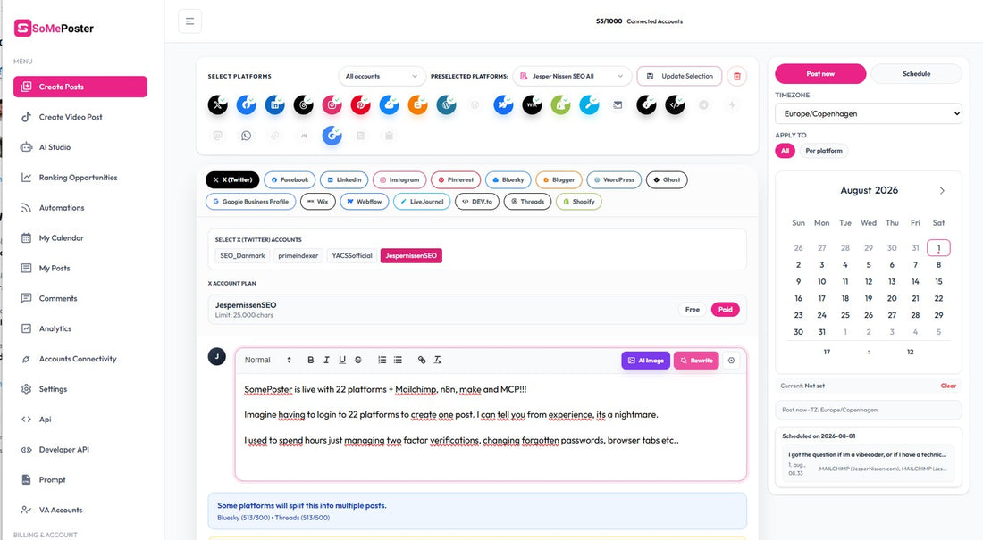 SomePoster is live with 22 platforms + Mailchimp, n8n, make and MCP!!!