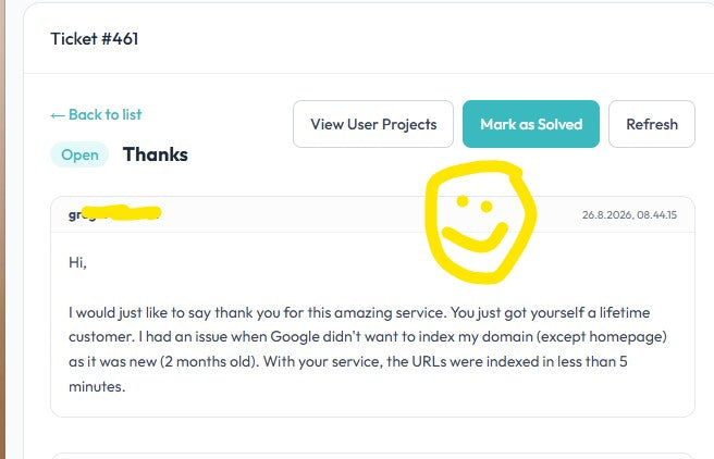 This happy customer got his urls indexed in 5 minutes...